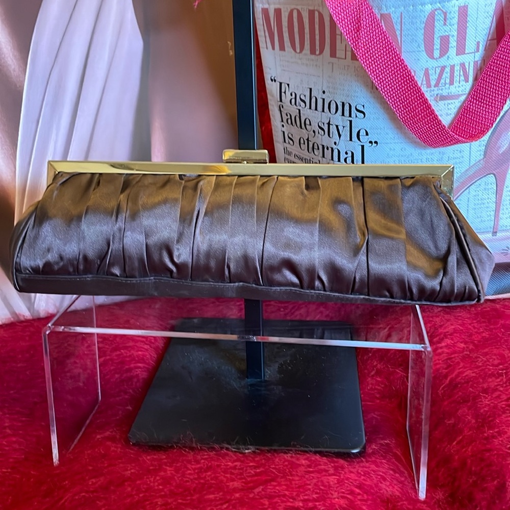 Cache Brown & Gold Satin Clutch Crossbody with Gold Chain purse bag